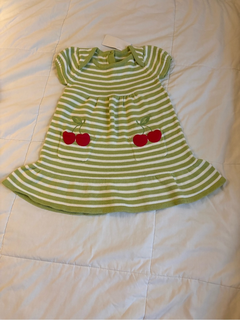 Gymboree Green and White Striped Dress with Red Cherry Pockets